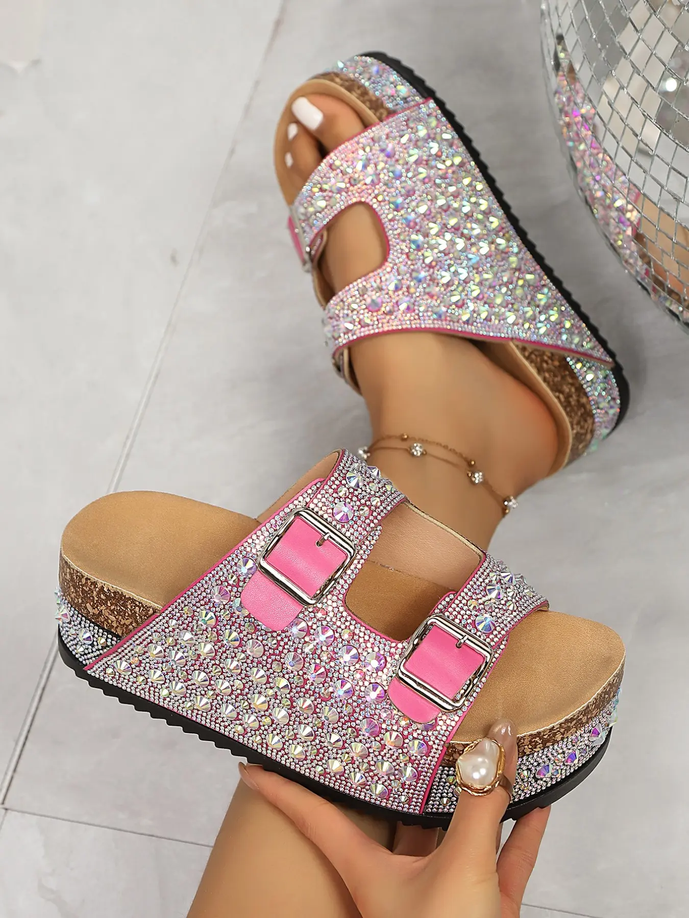 European Style Rhinestone Wedge Sandals, Sparkling Crystal Decor, Height-Boosting Slimming, Anti-Slip Durable, Party Essential, Adjustable Buckles, Versatile Outdoor Shoes Summer, Embellished Sandals