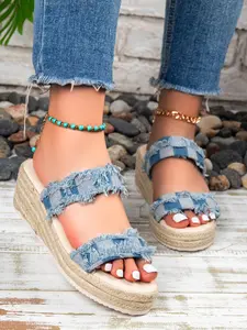 Women's Denim Sandals Summer Outdoor New Retro Wedge Thick Sole Casual Beach Slippers, Medium Width Textile Upper PVC Sole