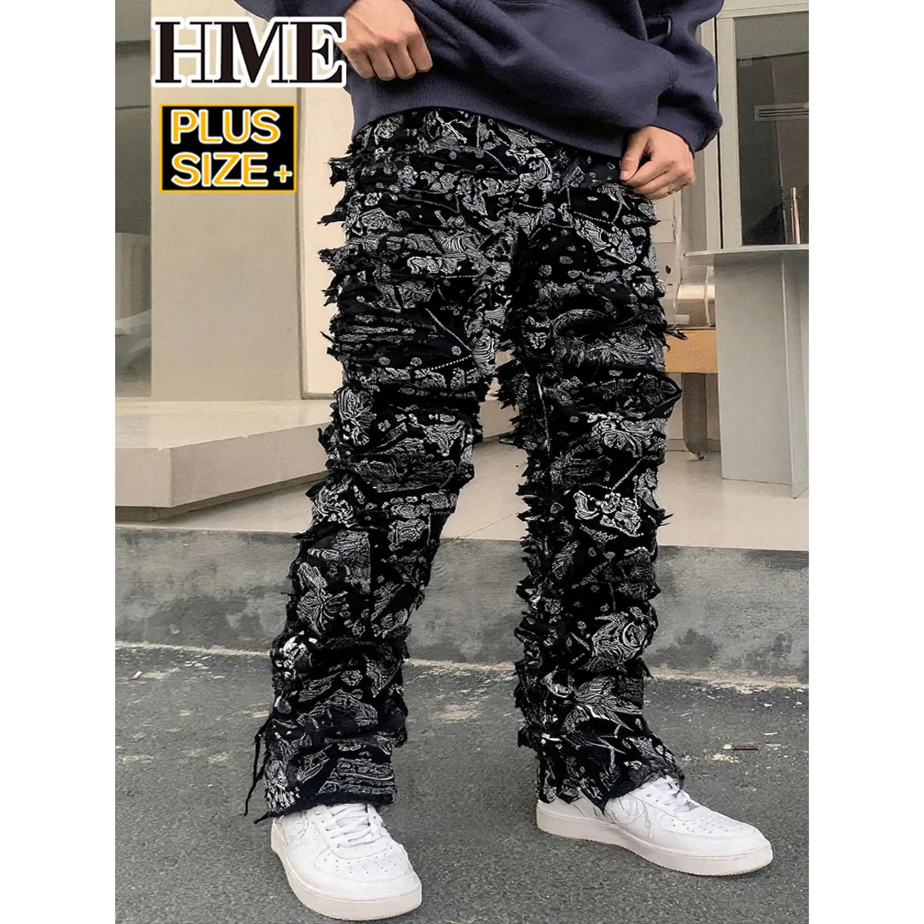 Big & Tall Men's Paisley Patchwork Stacked Jeans Cotton Blend Stretch Black Frayed Streetwear Denim Pants