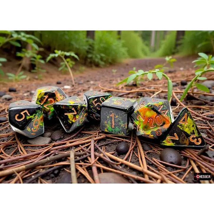 Chessex Polyhedral Brush Deep Forest-Gold 7-Die Set, 10-Sided Dice for Game Night, Suitable for 12 Years Above