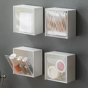 Plastic Wall Mounted Storage Boxes Dustproof Bathroom Organizer Cosmetic Organizer for Cotton Swabs Makeup Adhesive Small Jewelry Holder Box Beauty Organizer
