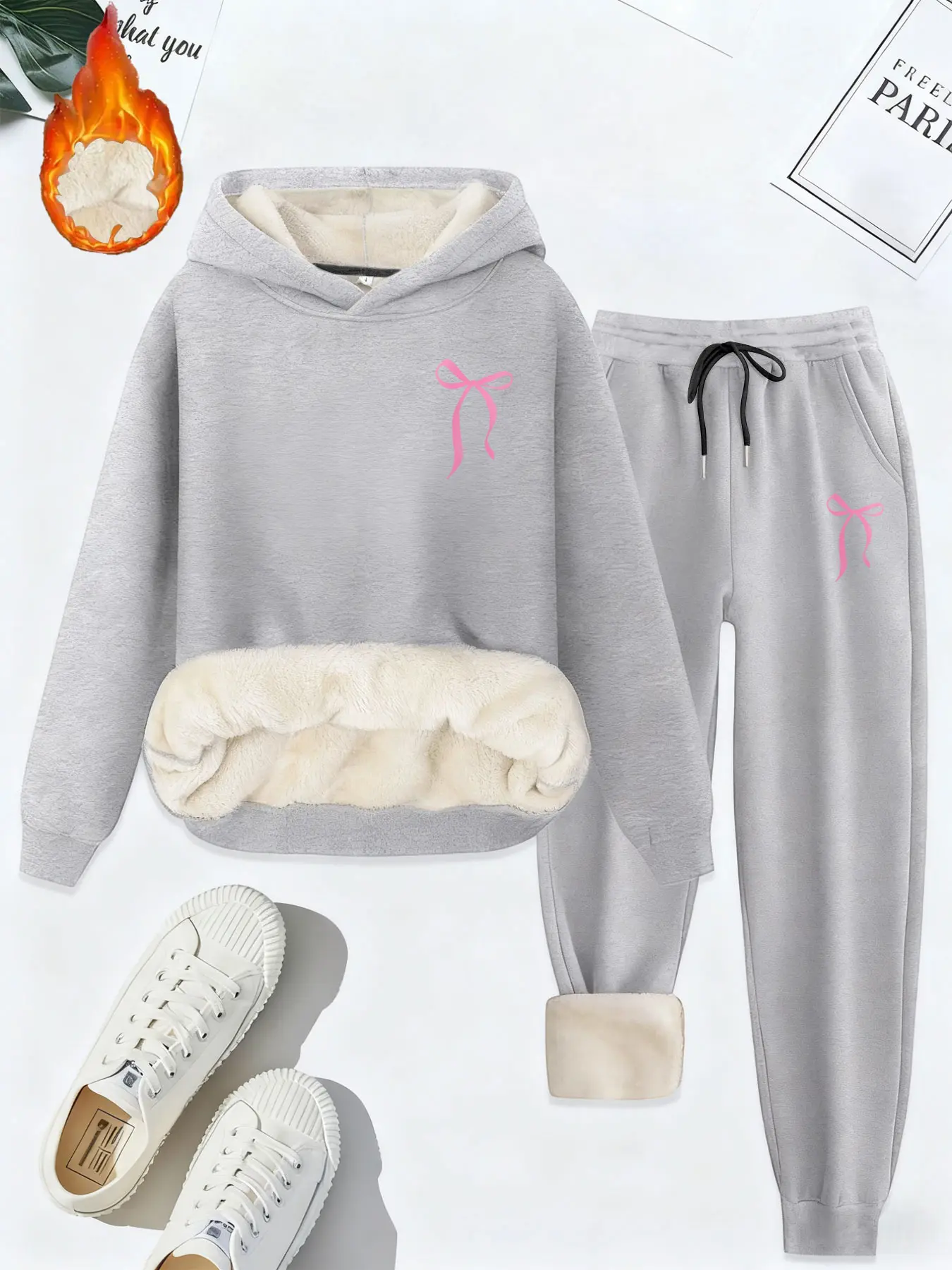 Women's Fashion Casual Loose Fit Hooded Sweatshirt Set, Casual Loungewear Set, Butterfly Print Fleece Pullover & Pants, Fall & Winter