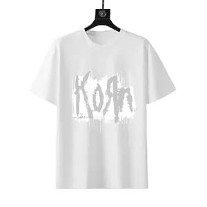 Korn Glitch Effect Grey Logo Nu Metal Band Graphic T-Shirt Vintage White Cotton Short Sleeve Tee With Jagged Border For Rock Fans Casual Streetwear