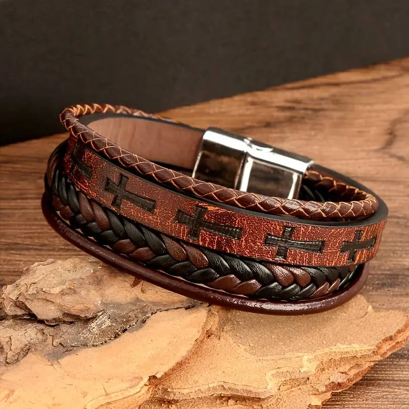 1pc Men's Retro Cross PU Leather Rope Faith Lucky Bracelet Twisted Braids And Multiple Layers Jewelry Gift For Party Holiday, Multi-Color Braided, Adjustable Buckle, Casual Style, Stylish Accessory