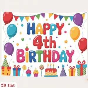 2D Flat, [party Banner] 2D Flat Banner, 1pc Happy 4th Birthday Colorful Balloons Bunting Gifts Cake Backdrop, for Party Decor Garden, Home, Club, Farm, Room, No Electricity, Gift for Hallowe
