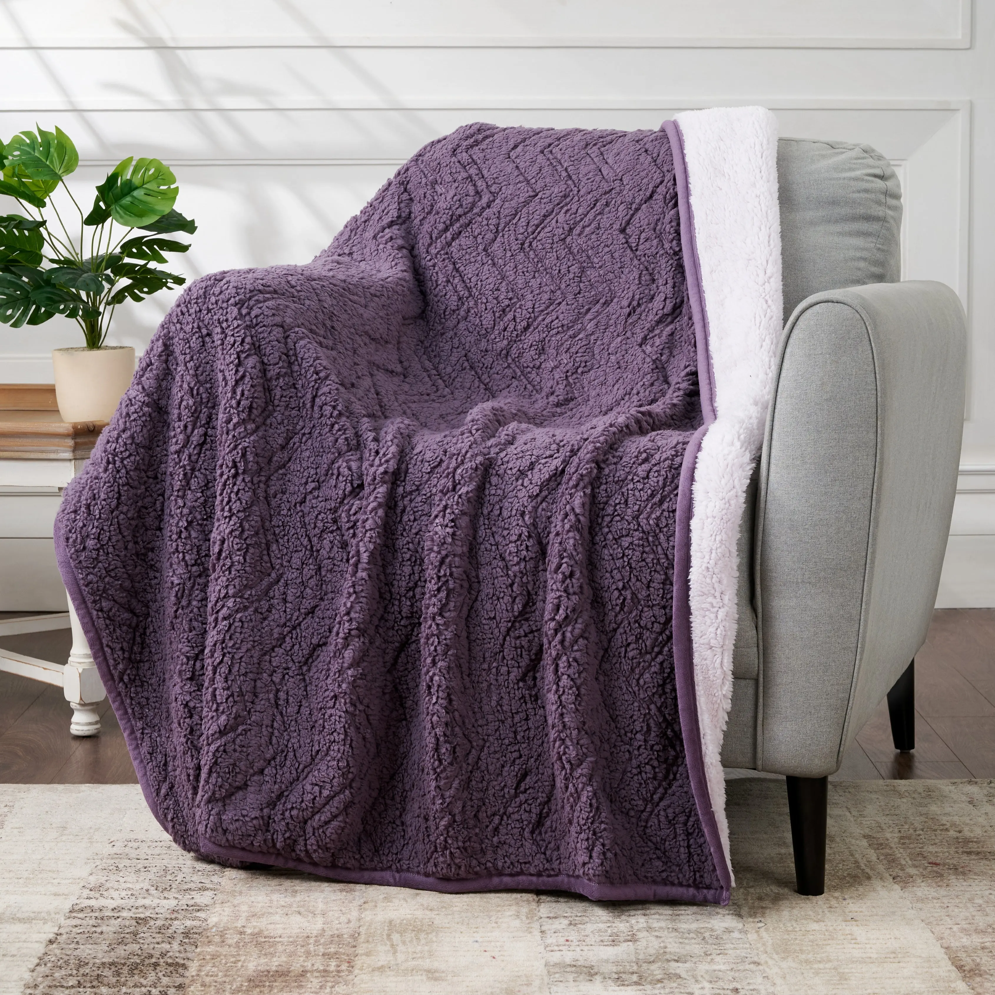 CBCHome Chevron Sherpa Throw Blanket - 50x60", Embossed Pattern, Ultra-Soft Cozy Reversible