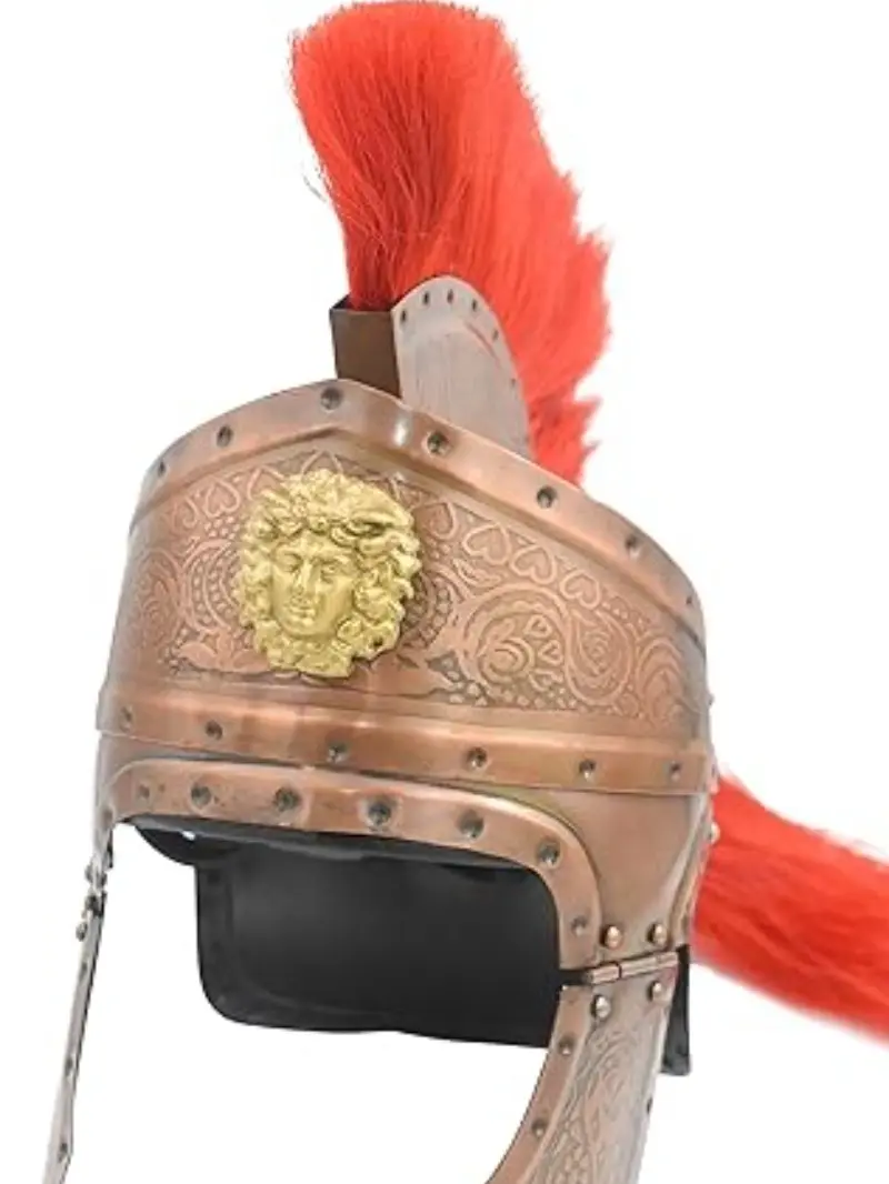 Medieval Warrior Brass Steel Roman Helmet Replica with Red Plume and Medusa Emblem, Traditional Menswear for Historical Costumes