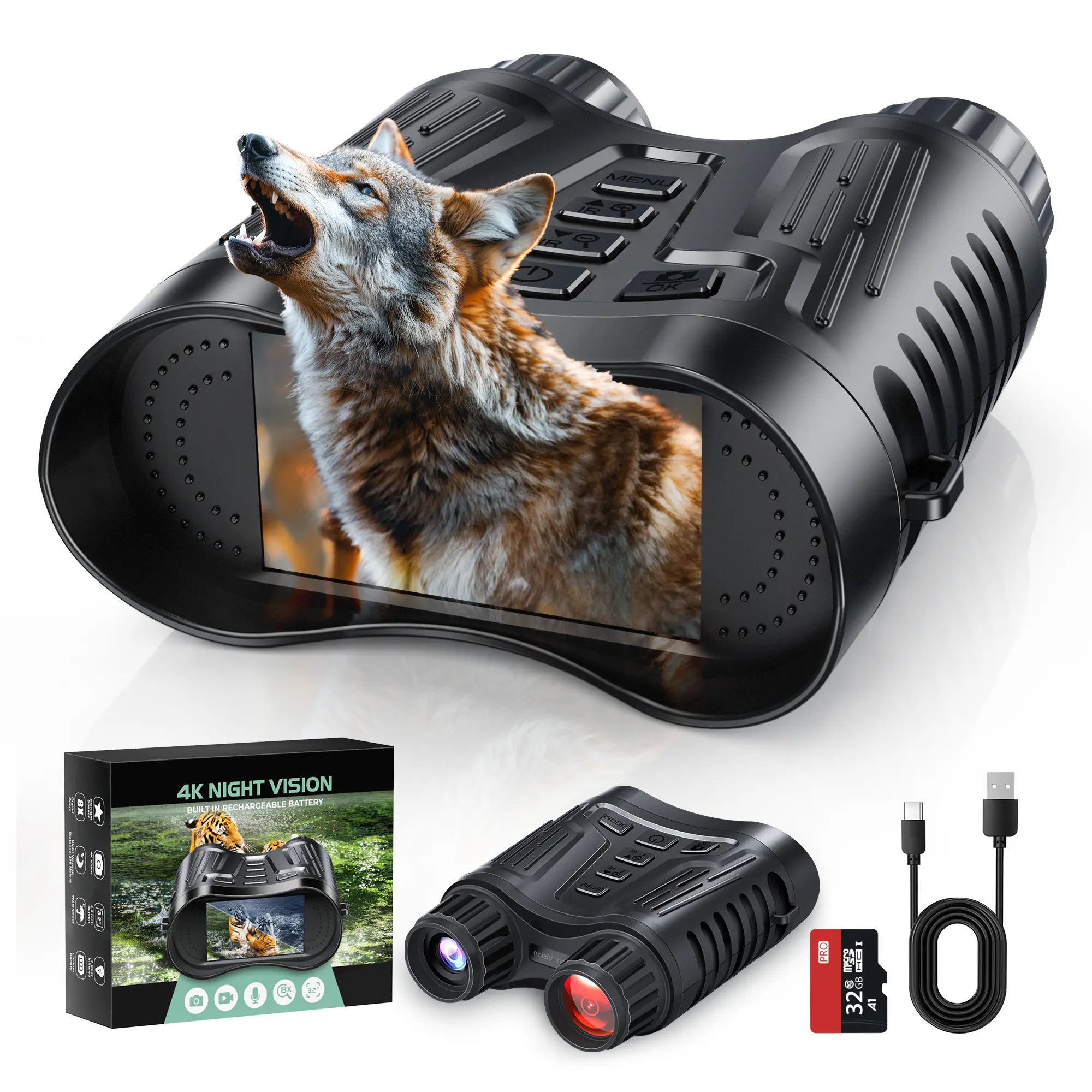 4K Night Vision Binoculars, Infrared Night Vision Goggles for Adults, 3.2'' Large Screen, 8X Digital Zoom, 32GB Card to Save Photos and Videos for Camping Hunting & Security
