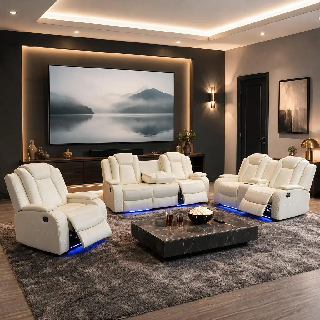 Ainehome Modern LED 3-Piece White Leather Electric Recliner Sofa Set, Breathable Power Reclining Living Room Couch with Adjustable Backrest, Storage, Ambient Lighting, Wireless Chargers bedroom lounge