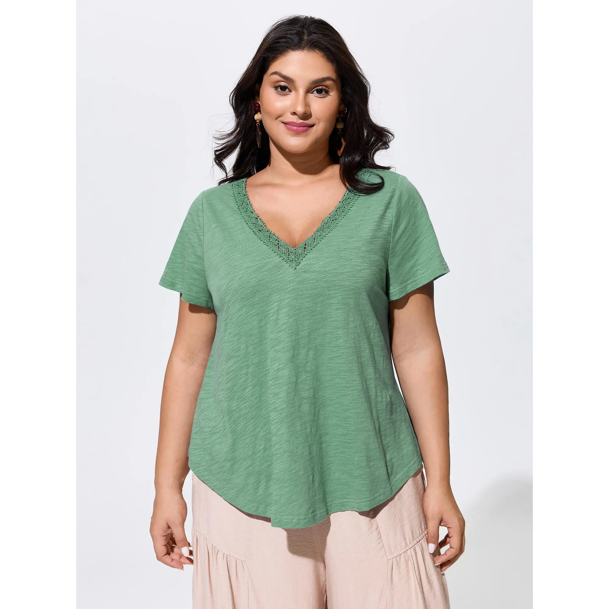 BloomChic Women's Plus Size Casual 100% Cotton Boho Solid T-Shirt - Stretchy V-Neck, Ruffle Short Sleeves, Patchwork Garment with Spandex, Flattering Fit Summer Top, Tshirt, Fabric, Cotton Shell, Shortsleeve, Plus Size Clothes, Patchwork Detail, Fitted, D