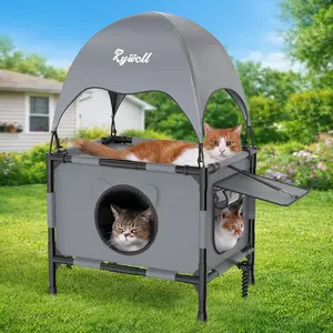 Outdoor Cat House Elevated 2-Tier Outdoor Cat Shelter with Canopy, Multi-Level Raised Platform, Outside Cat House with Breathable Mesh & Reversible Pad for Multiple Cats