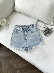 Women's Summer Elastic Fringe Hem Washed Denim Shorts, Casual Loose-Fitting Knee-Length Pants, Button Fly, Perfect for Daily Wear
