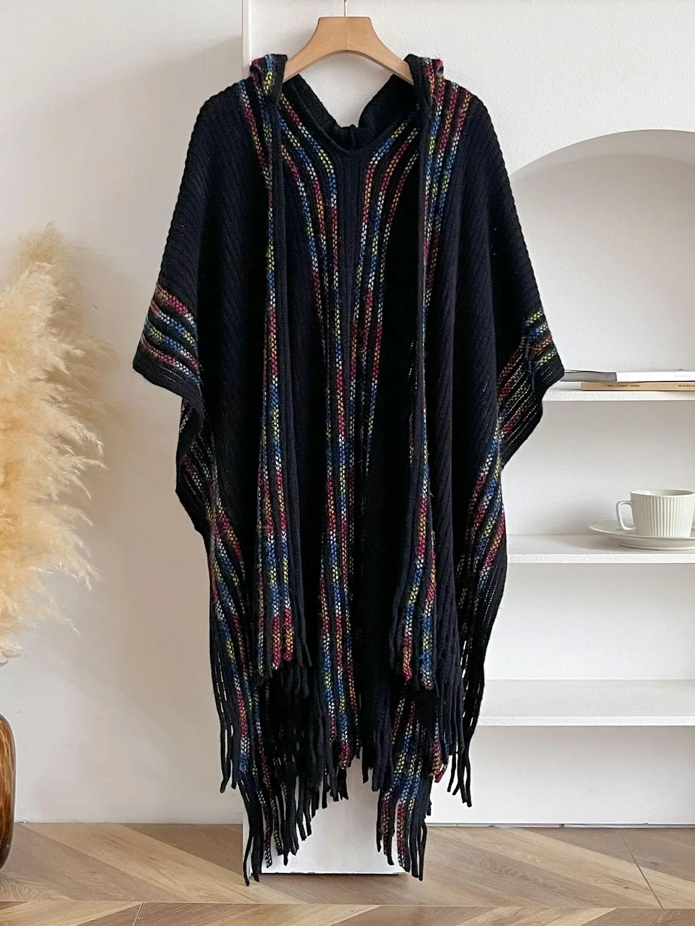 Women's Colorful Striped Print Fringe Trim Hooded Cape, Casual Poncho Shawl for Fall & Winter, Fashion Accessories for Women & Girls, Clothes, Womenswear, Lady, Clothing