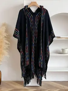 Women's Colorful Striped Print Fringe Trim Hooded Cape, Casual Poncho Shawl for Fall & Winter, Fashion Accessories for Women & Girls, Clothes, Womenswear