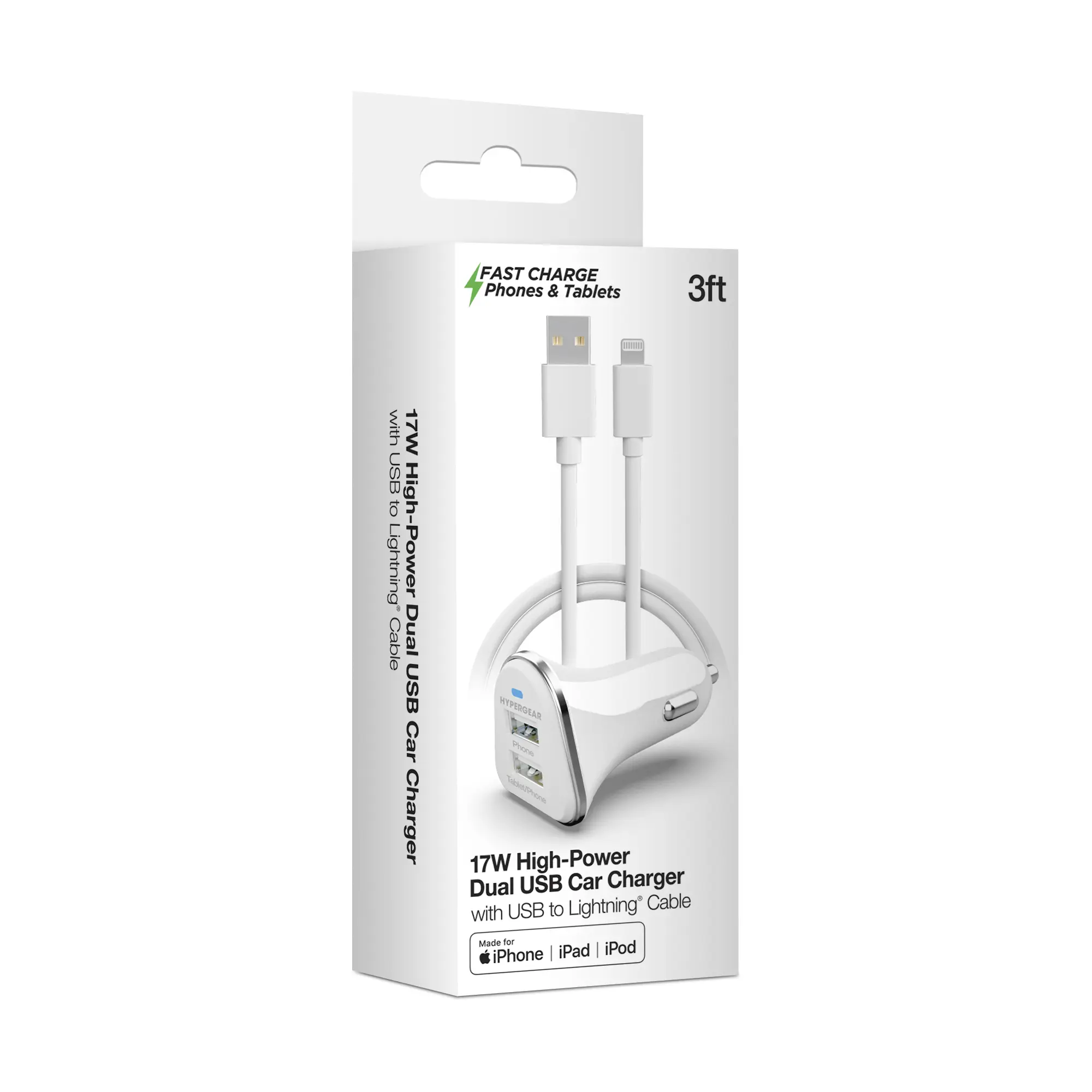 HyperGear Basics | 17W High-Power Dual USB Car Charger | 3ft MFi Lightning Cable