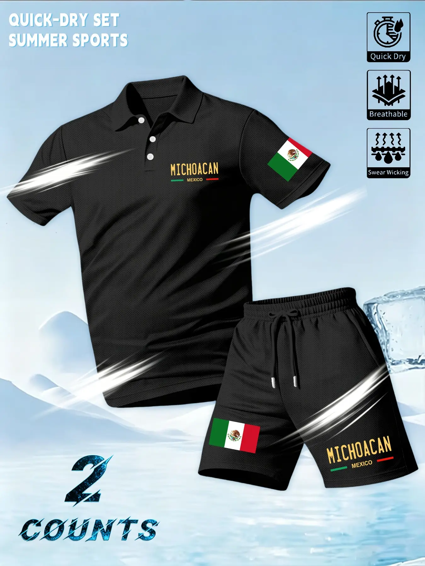 Men's Michoacan Theme Quick-Dry Breathable Fabric Polo Shirt and Shorts Activewear Set, Mexican Patriotic Style, Ideal for Home, Walking, Sports Fashion