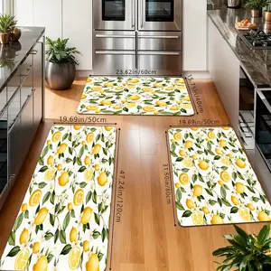 Summer Lemon Floral Kitchen Rugs Set, Non-Slip Washable Floor Mats, Watercolor Lemon & Flower Print Runner Carpets for Kitchen, Bathroom & Farmhouse Decor