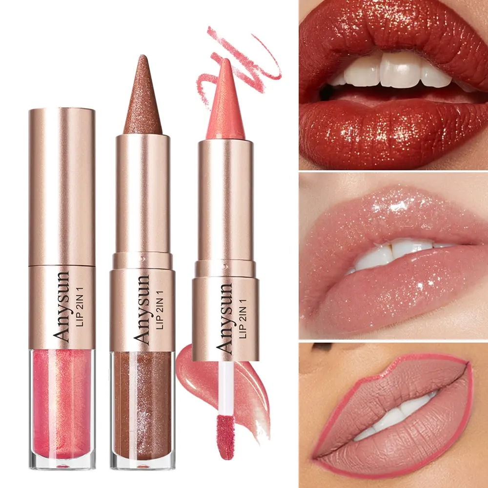 Double-Ended Lip Makeup Pen Liner & Gloss Shiny Finish Silky Texture Long Lasting Waterproof Non-Sticky Shimmering Lip Glam Metallic Lipstick