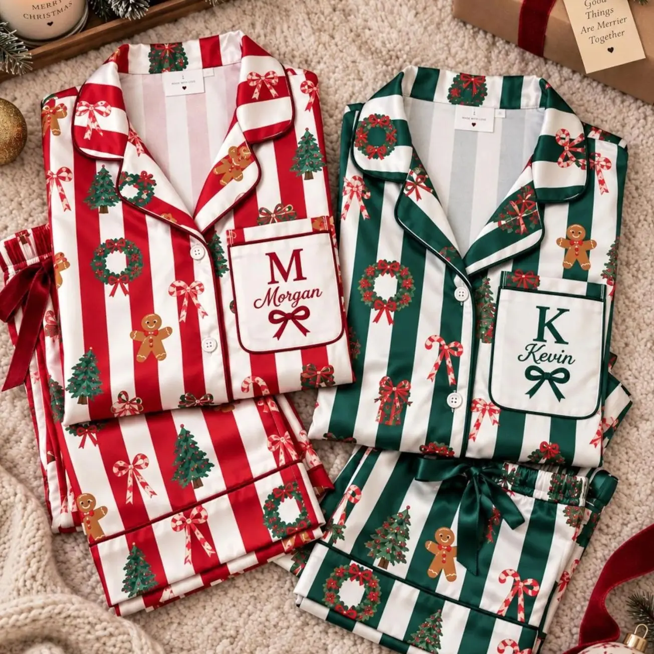 Personalized Christmas Satin Pajama Set, Custom Name Monogram, Holiday Striped PJs Gifts for Woman