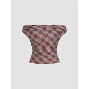 Cider [2 colors, size 0-10] Off-shoulder Tartan Ruched Crop Top
