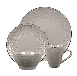 Lorren Home Trends LH527 16 Piece Stoneware Scroll Dinnerware Set, Gray