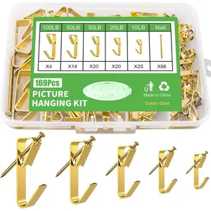 169 Picture Hook Sets, 10-100lb Picture Hanging Kit, Boxed 83 Metal Picture Hangers and 86 Nails, Suitable for Wooden Walls, Plasterboard Picture Hooks. Iron Light