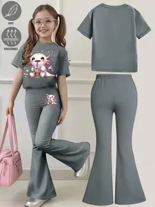 Kids' Casual Set, Cute Axolotl & Bubble Tea Print Short Sleeve T-Shirt + Flared Pants, Multiple Colors, Machine Washable, Spring & Summer Style, Soft & Skin-Friendly, Daily Wear, Fashion Design