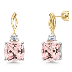 Gem Stone King 925 Silver and 10K Yellow Gold Peach Nano Morganite and White Moissanite Dangle Earrings for Women | 15.50 Cttw | Gemstone October Birthstone | Cushion 12MM