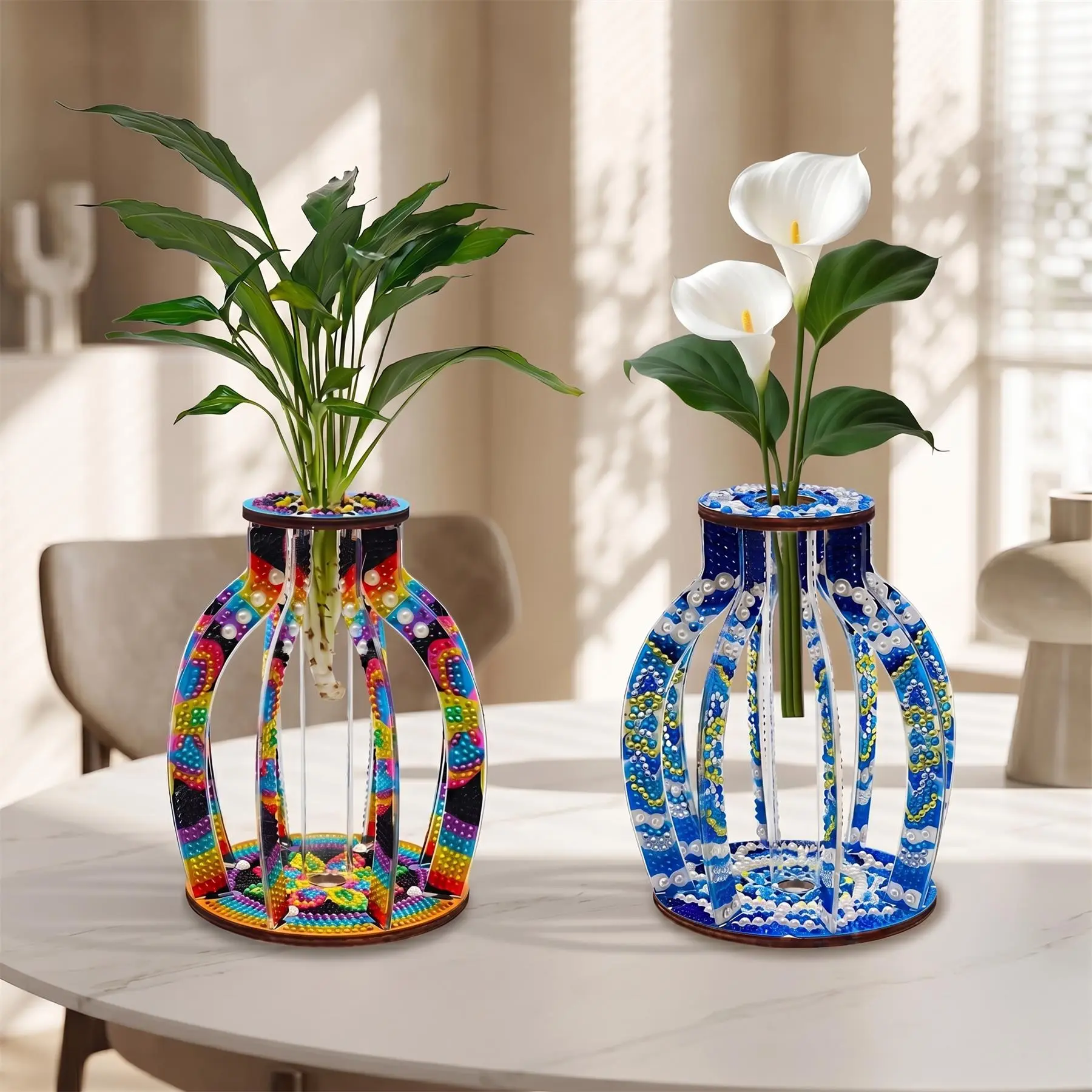 Acrylic DIY Diamond Art 3D Vase, Sparkling Handmade Flower Vase with Transparent Test Tube for Plants, Desk Table Home Decoration Gift