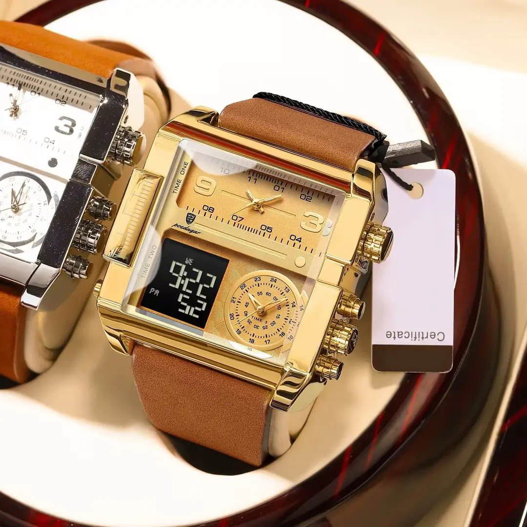 Men's Gold Square Dial Digital Analog Watch - Dual-Display Electronic Quartz, Retro Brown Leather Strap Bracelet, Multi-Functional Fashion Unique Wristwatch, Analog Wristwatches, Classic Quartz Watch