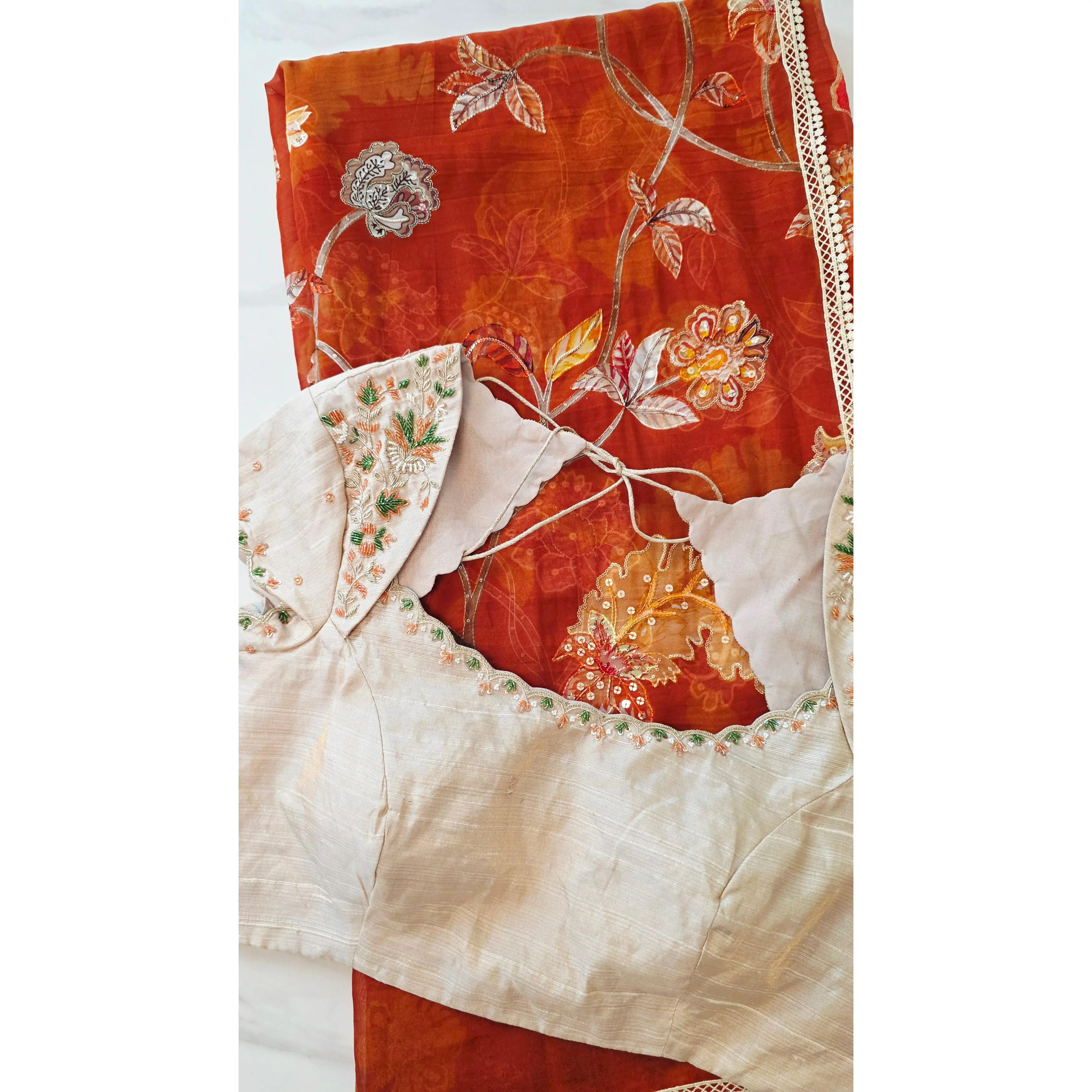 Womens Floral Viscious Organza Saree and Tissue Rawsilk Maggam work blouse