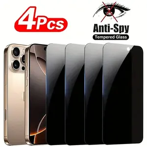 4pcs Full Cover Privacy Tempered Glass For iPhone 16 Pro Max/16 Pro/16/15/14/13/12/11/Plus/Mini/X/XR/XS/XS Max/7/8/SE2/SE3, 9H Ultra HD Phone Screen Protector Film, Anti-scratch/Anti-fingerprint, Easy to install Protection
