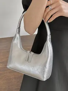 Silver Color Moon Bag for Women, New Summer High-End Original Design, Versatile French Shoulder Handbag, Stylish Underarm Clutch, Elegant Minimalist Handbag, Leather Handbag