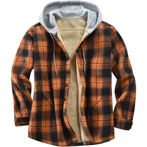 Cotton Plaid Shirts Jacket Fleece Lined Flannel Shirts Button Down Jackets with Hood for Men
