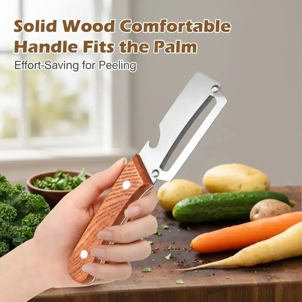 2-in-1 Vegetable & Fruit Peeler with Stainless Steel Blade and Bottle Opener, Wooden Handle Kitchen Tool for Potatoes, Apples, Zucchini, Papaya & Pumpkin