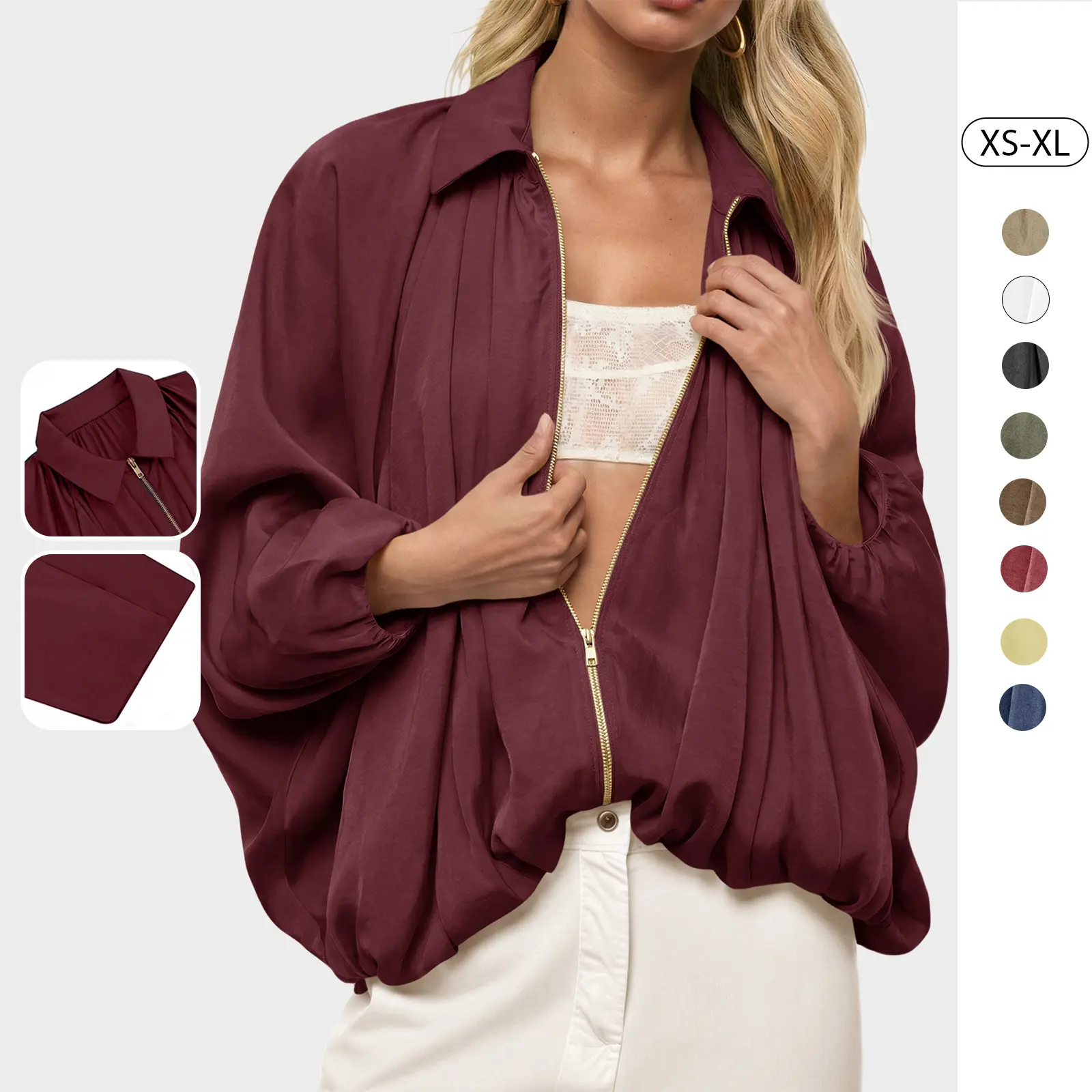 Tankaneo Womens Bomber Jackets Oversized Batwing Puffed Zip Up | Lightweight, Pleated, Lapel Collar, Outerwear, Spring, Fall