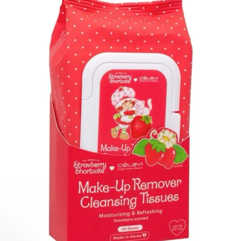Celavi Strawberry Shortcake Make-Up Remover Cleansing Tissues Moisturizing Refreshing 40 Sheets Gentle Hydrating Makeup Remover Made in Korea