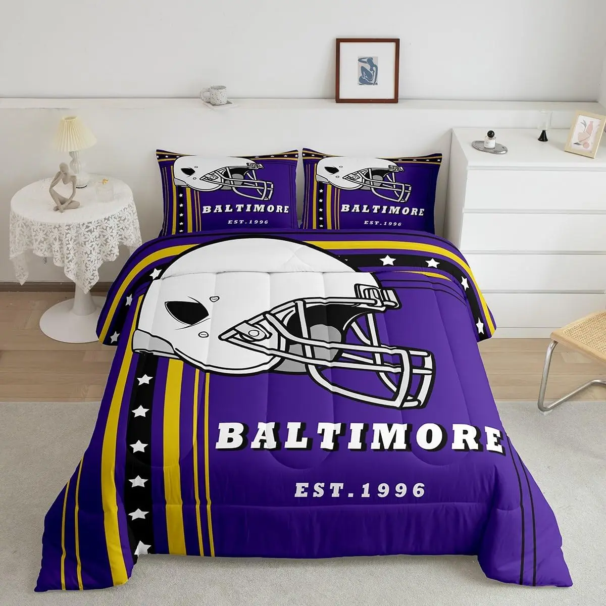 Feelyou Microfiber Decorative Bedding Set - Sports-Themed Soft Quilt Comforter Set with Baltimore Football City D Helmet, Purple, Black, Yellow Design, Microfiber Bedding Set