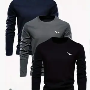 3-piece men's casual round neck long sleeved T-shirt - lightweight knit, basic style, randomly printed design, women's fashionable elastic sports top, women's slim fit ribbed exposed navel T-shirt, men's knitted fabricRAIMENTRY