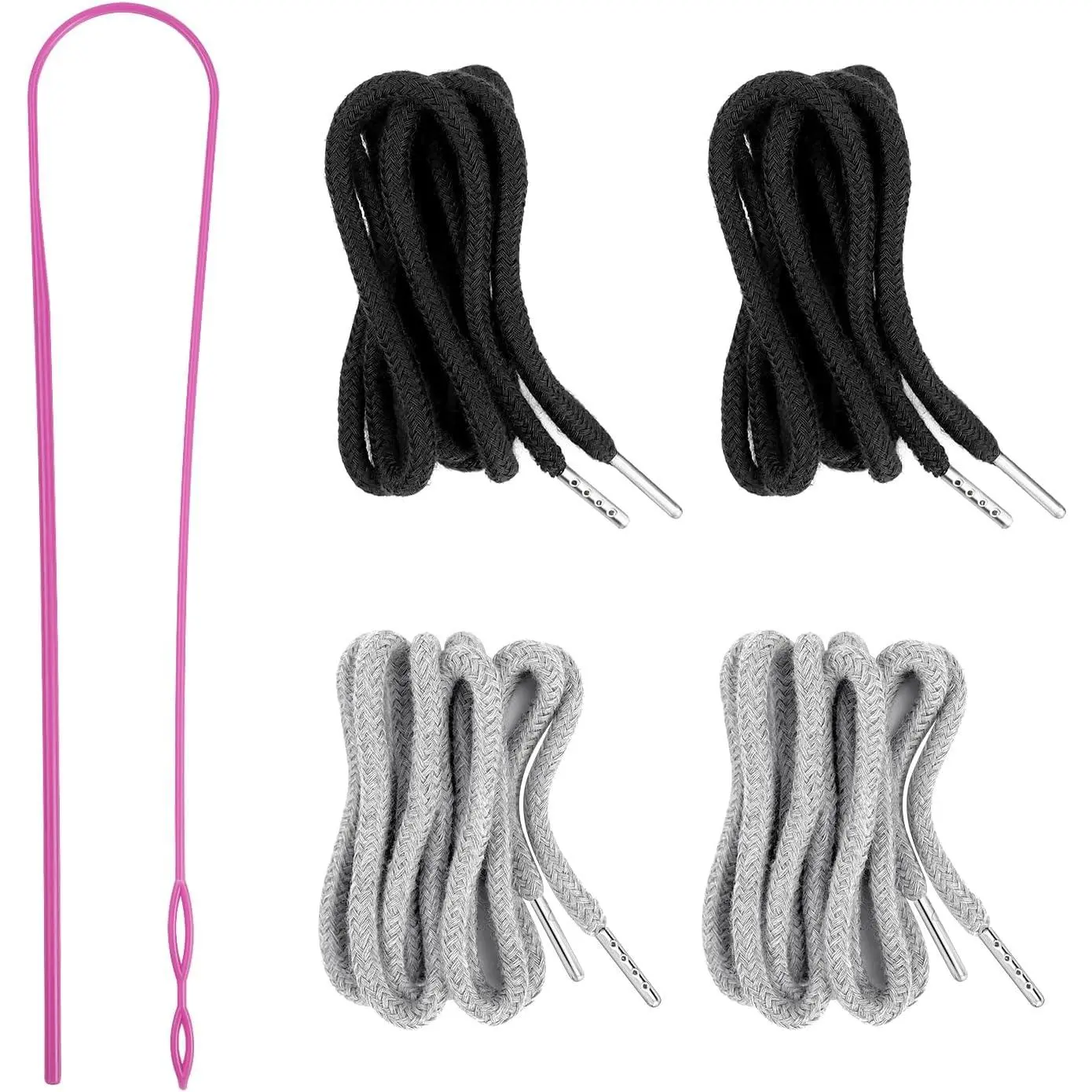 4 count Drawstring Cords with 1 Threader Tool, 51 Inch Replacement Drawstring for Sweatpants Jackets Swim Trunks Pants Shorts Hoodies (2 Black, 2 Gray, 51 inches)