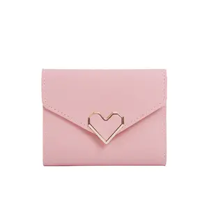 Women's Short Wallet with Heart-Shaped Metal Buckle, Mini PU Leather Card Holder