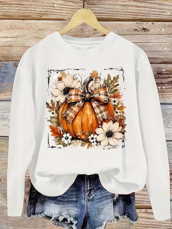 Plaid Bow Pumpkin Fall Floral Graphic Crewneck Sweatshirt, Autumn Vintage Casual Top, Casual Daily Outfit, Holiday Gift, Vintage Retro All‑Season Style