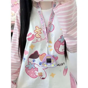 Y2k Harajuku Cuteore T Shirts Women Japanese Style Sweet Striped Patchwork Cartoon Print Loose Sweatshirt Soft Girl 2024