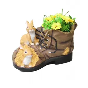 212 MAIN Poly-Resin Decorative 2-Rabbit Nested-in-Shoe Sculpture with Flower Pot, Indoor/Outdoor Home & Garden Decor Accent, Realistic Figurines, Home Decoration Ornaments