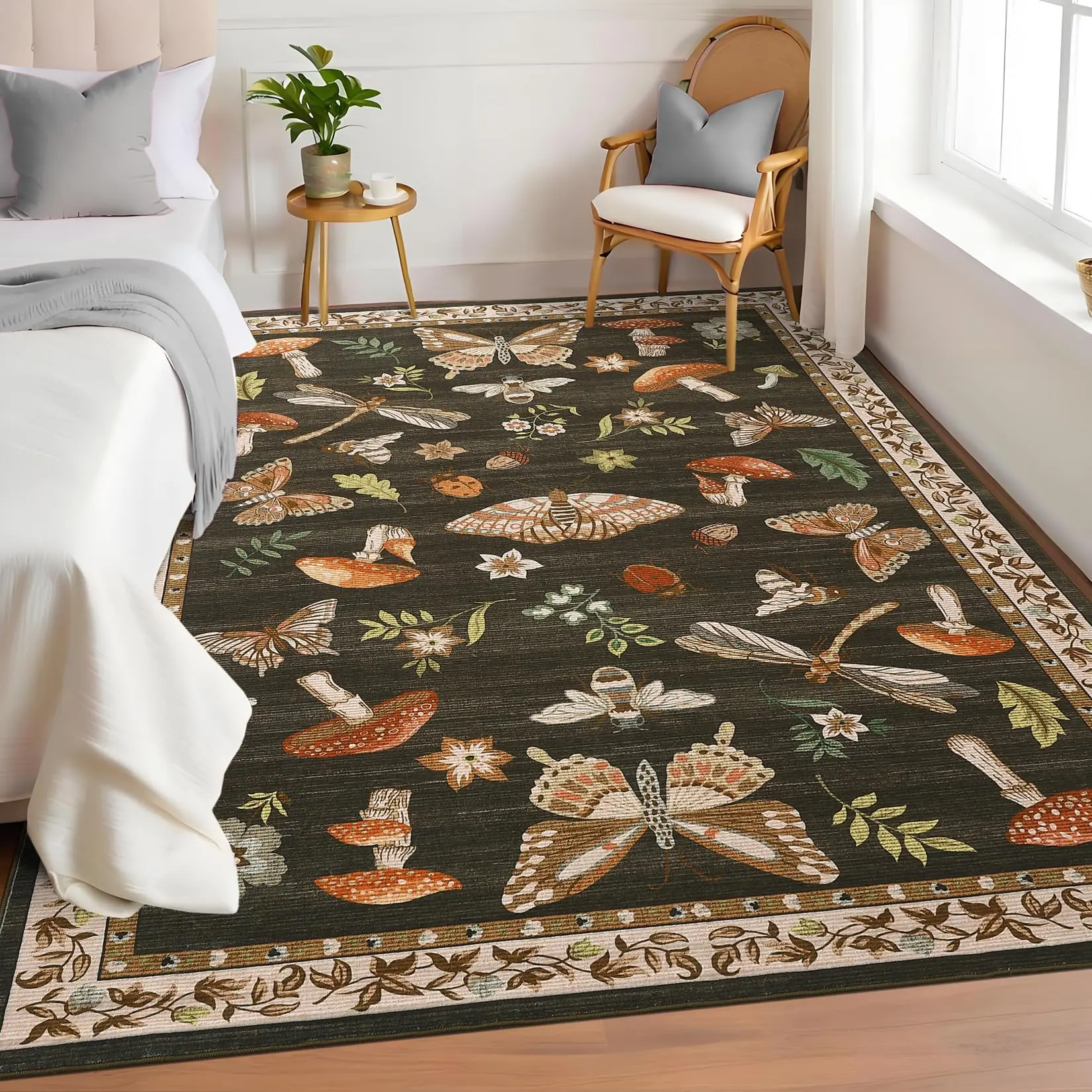 Washable Area Rug 5x7 Mushroom Insect Rugs for Bedroom Non Slip Living Room Rug Boho Vintage Rug Low Pile Non Shedding Butterfly Indoor Accent Carpet for Nursery Dining Office, Brown