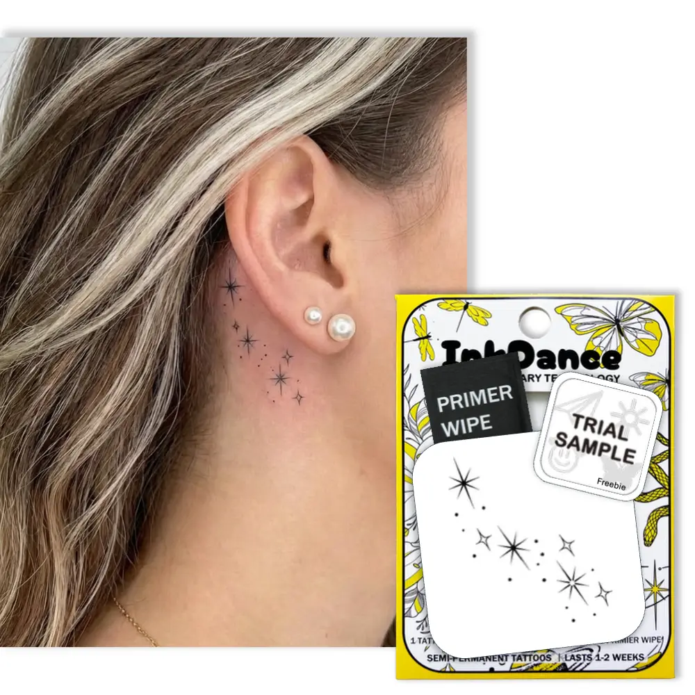 InkDance Semi-Permanent Tattoo, Cosmic Twinkle, Ear Back, Long Lasting Temporary Tattoos, Waterproof Plant-Based Ink, Lasts 1-2 Weeks, Color Develops in 24 Hours MNF206