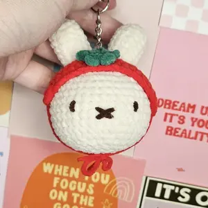 Loppy Puff - Handmade Crochet Miffy With Tomato Headband Keychain. Crochet Miffy Keychain. Crochet Bunny Keychain. Crochet Bunny Bag Accessories.