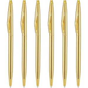 6 count Golden Slim Metal Ballpoint Pen, 1mm Medium Point Black Ink Smooth Writing, for Business Office Teacher Student Wedding Guest