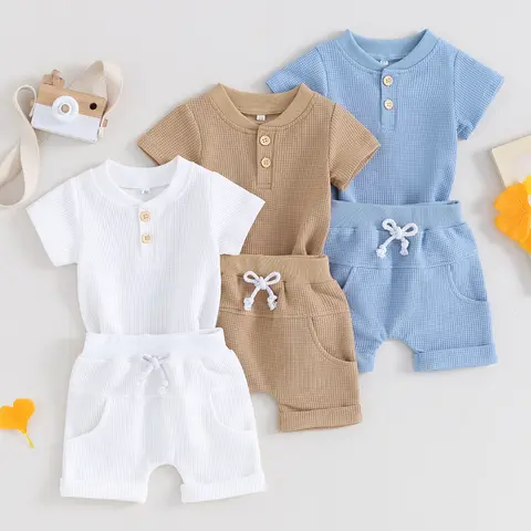 Toddler Newborn Baby Boy Summer Clothes Solid Color Waffle Short Sleeve Button Romper with Shorts 2Pcs Outfit 0-12M