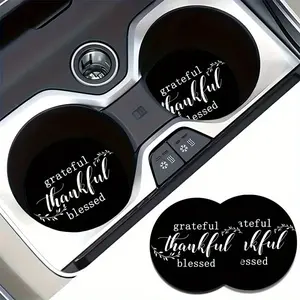 2pcs Thanksgiving Car Cup Coasters with "Grateful Thankful Blessed" Design - Black & White Leaf Pattern Non-Slip Drink Holders, Holiday Car Accessories, Boujee Car Accessories, for All-Season Use, Christmas Gifts, Friends & Family Presents